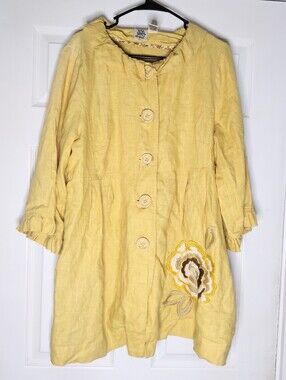 ivy jane Mustard Yellow Linen Button-Up Top with Floral Trim